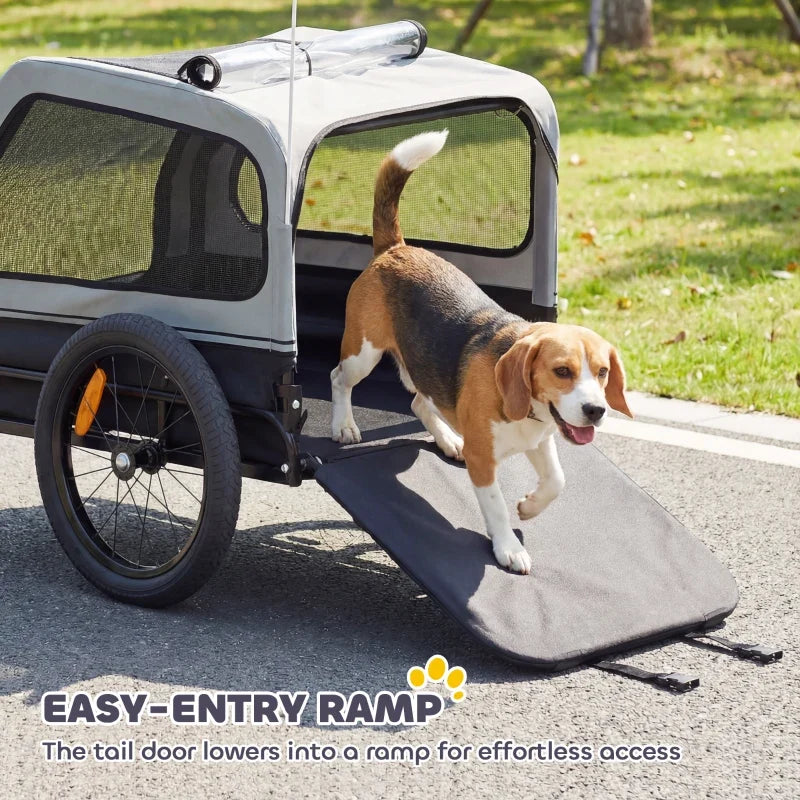 Dog bike trailer for small & medium dogs with flip-down ramp, gray fabric, universal coupler on Tampa Home & Garden Store