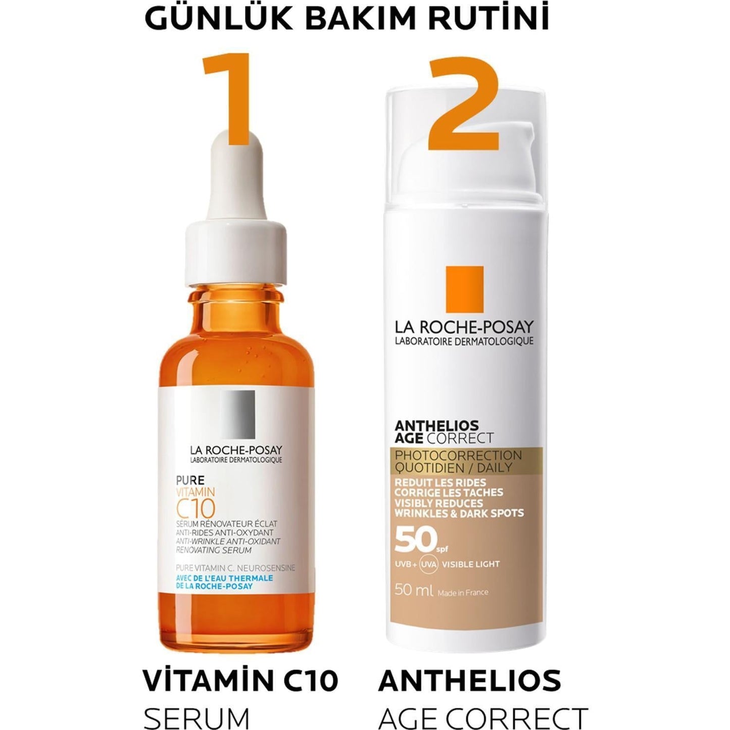 La Roche-Posay Vitamin C10 serum with dropper and Anthelios Age Correct SPF50+ sunscreen bottle on Tampa Home & Garden Store