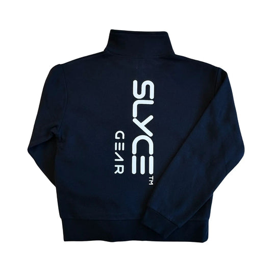 Women's Courtside Quarter-Zip Hoodie black with white Slyce Sport logo on back on Tampa Home & Garden Store