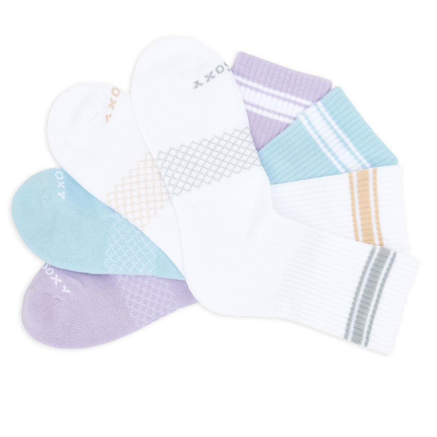 Women's Quarter Crew Socks 4-pack by DeadSoxy in white, lilac, blue with striped accents on Tampa Home & Garden Store