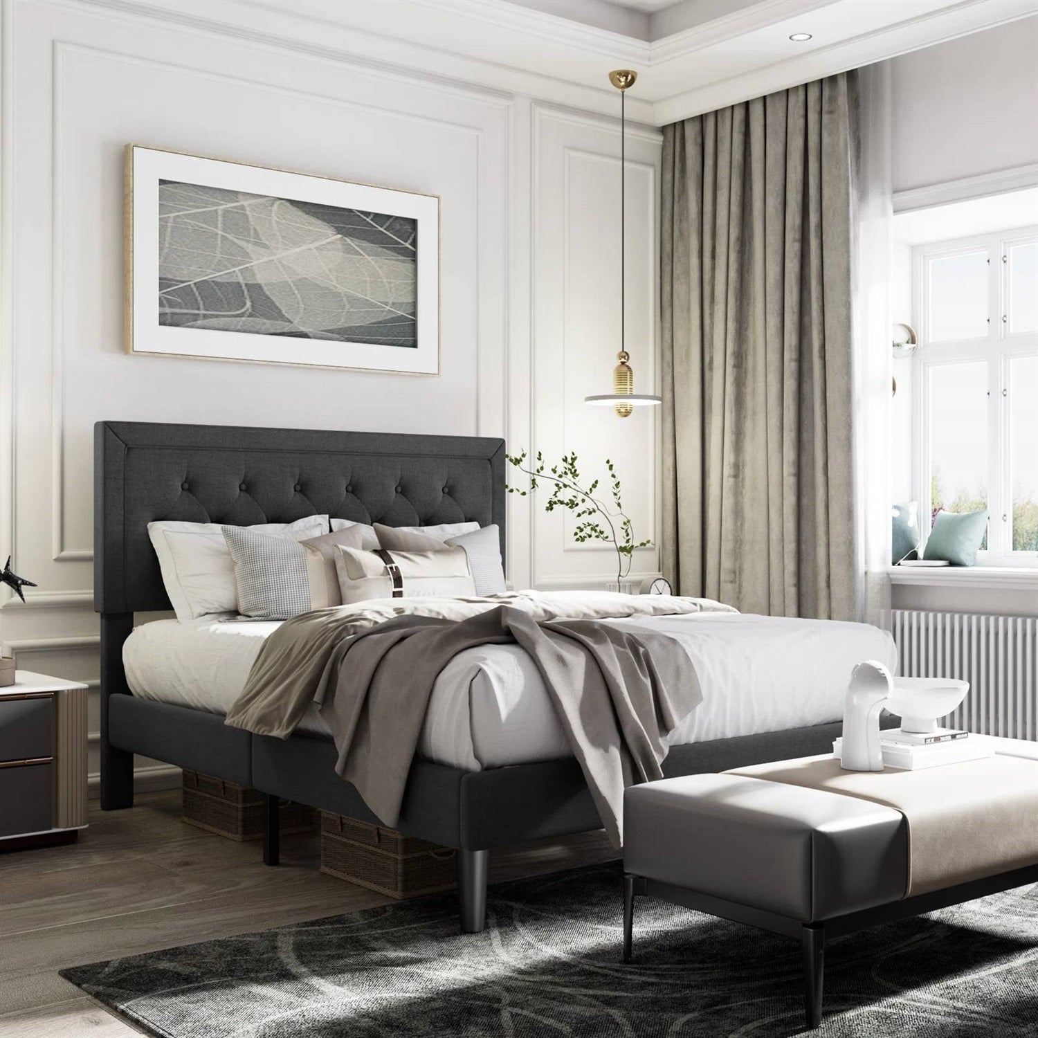 Queen Black Linen Upholstered Platform Bed Frame with Button-Tufted Headboard - Tampa Home & Garden Store