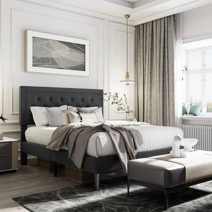 Queen Black Linen Upholstered Platform Bed Frame with Button-Tufted Headboard - Tampa Home & Garden Store