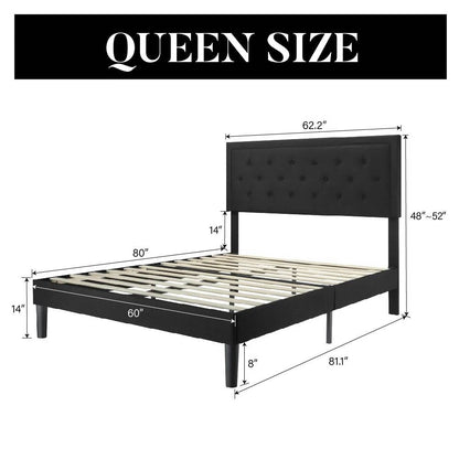 Queen Black Linen Upholstered Platform Bed Frame with Button-Tufted Headboard - Tampa Home & Garden Store