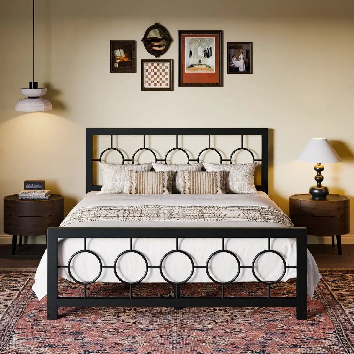 Queen Black Metal Platform Bed Frame with Circle Medallion Headboard Footboard - Tampa Home & Garden Store