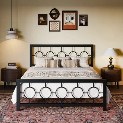 Queen Black Metal Platform Bed Frame with Circle Medallion Headboard Footboard - Tampa Home & Garden Store
