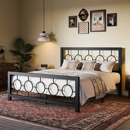 Queen Black Metal Platform Bed Frame with Circle Medallion Headboard Footboard - Tampa Home & Garden Store
