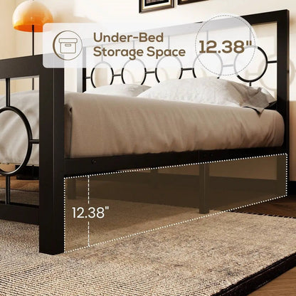 Queen Black Metal Platform Bed Frame with Circle Medallion Headboard Footboard - Tampa Home & Garden Store