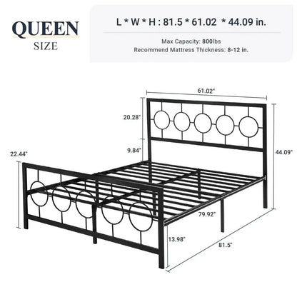 Queen Black Metal Platform Bed Frame with Circle Medallion Headboard Footboard - Tampa Home & Garden Store
