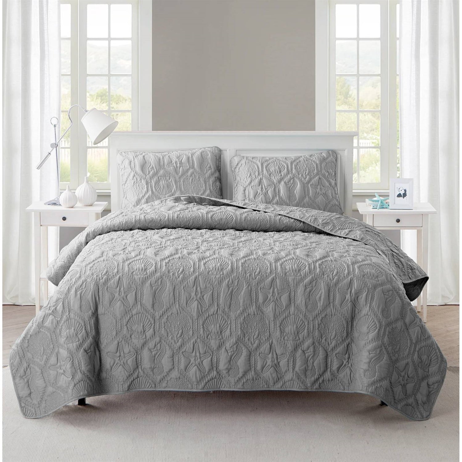 Queen Coastal Beach Embossed Starfish Seashell Seahorse Grey 3-Piece Quilt Set - Tampa Home & Garden Store