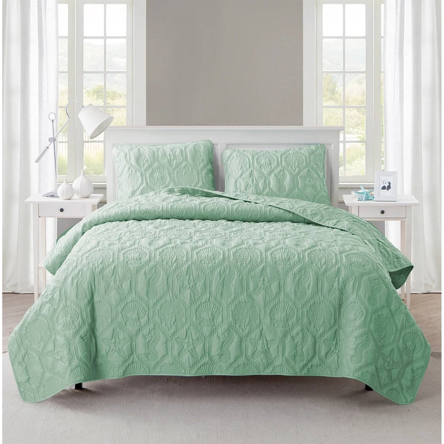 Queen Coastal Beach Starfish Seashell Seahorse Light Green Teal Quilt Set - Tampa Home & Garden Store