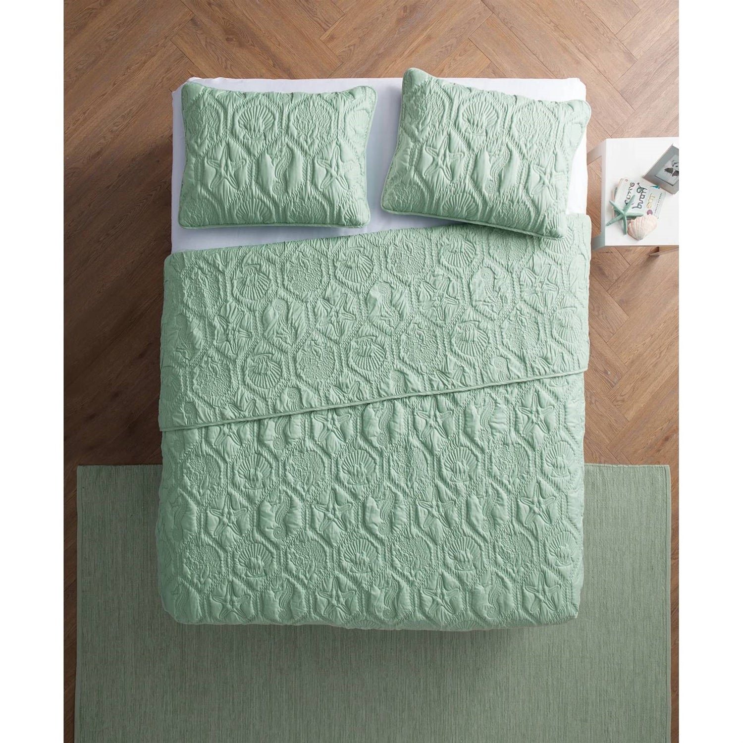 Queen Coastal Beach Starfish Seashell Seahorse Light Green Teal Quilt Set - Tampa Home & Garden Store