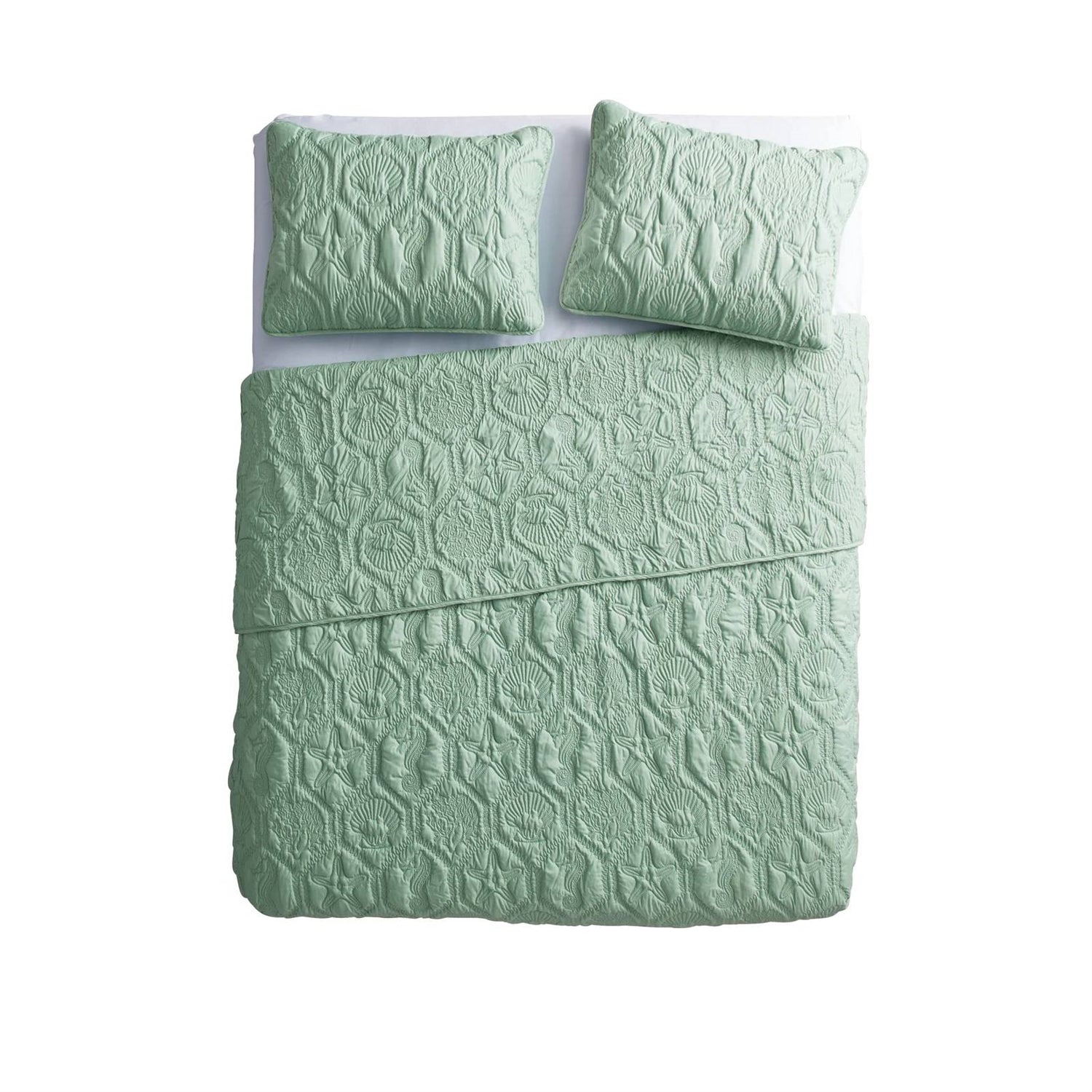 Queen Coastal Beach Starfish Seashell Seahorse Light Green Teal Quilt Set - Tampa Home & Garden Store