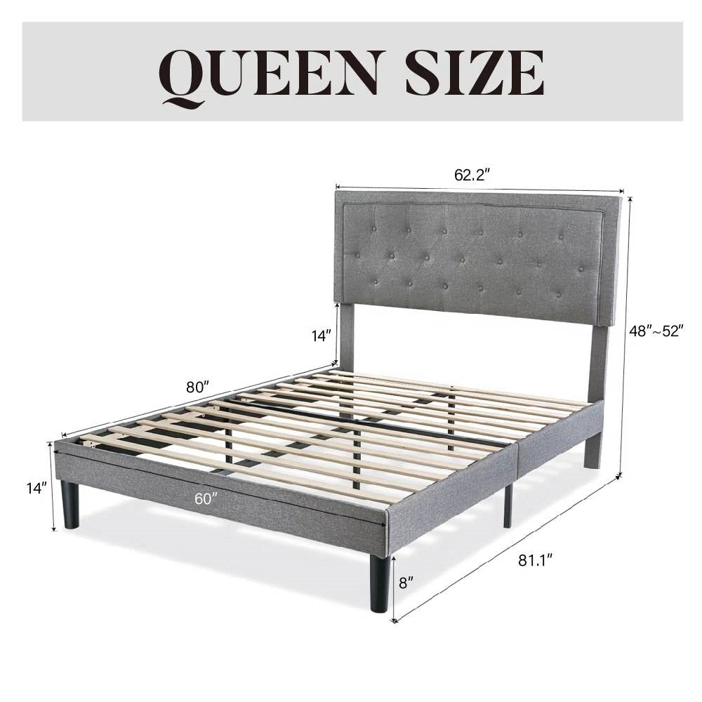 Queen Grey Linen Upholstered Platform Bed Frame with Button-Tufted Headboard - Tampa Home & Garden Store