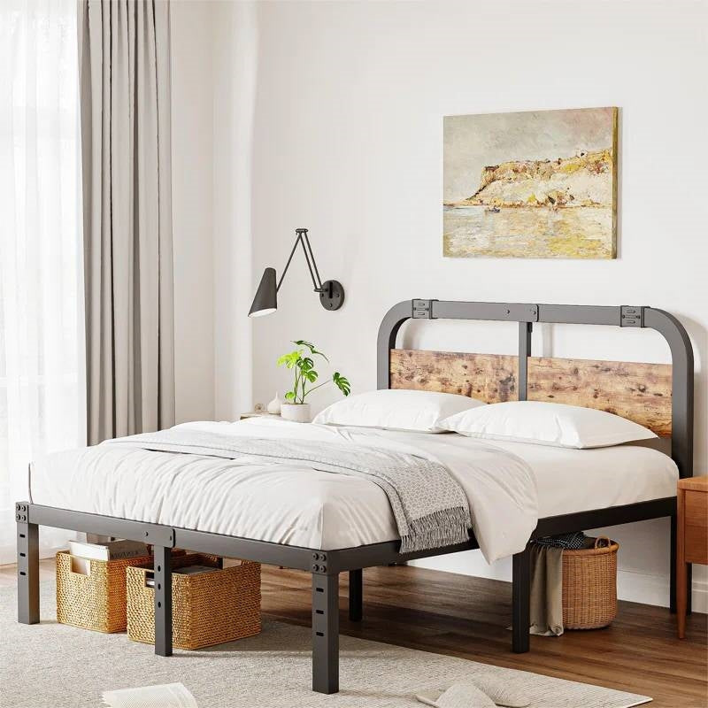 Queen Heavy Duty Black Metal Bed Frame with Solid Wood Panel Headboard - Tampa Home & Garden Store