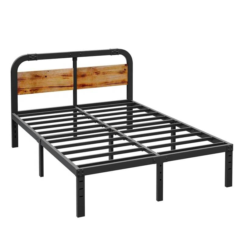 Queen Heavy Duty Black Metal Bed Frame with Solid Wood Panel Headboard - Tampa Home & Garden Store