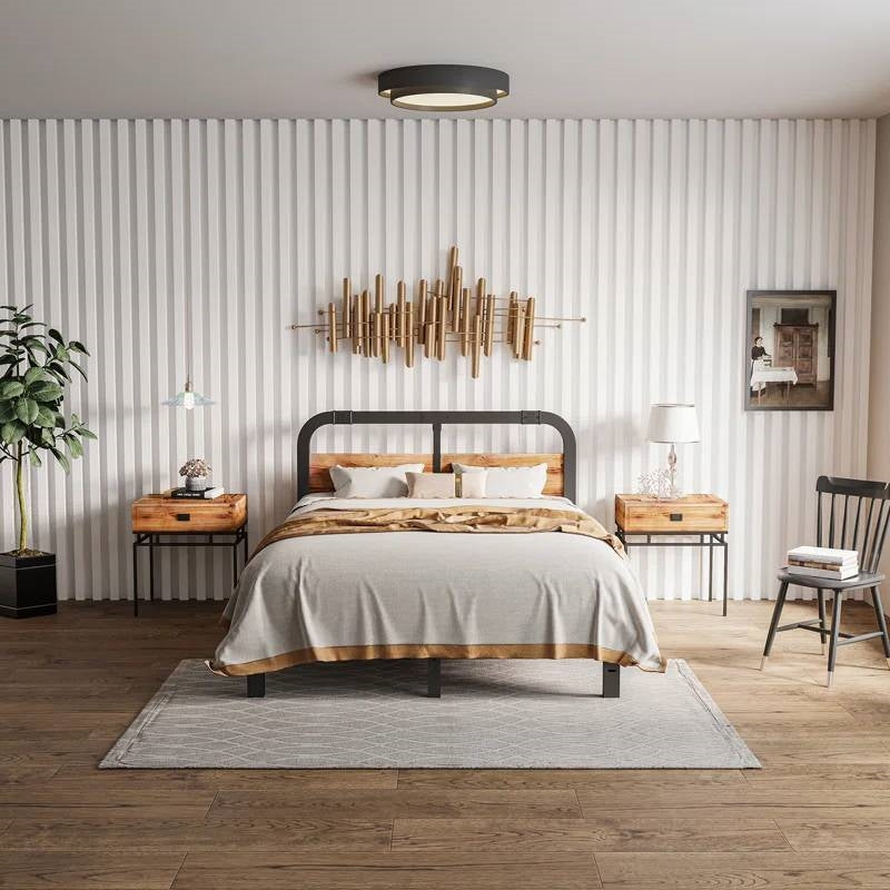 Queen Heavy Duty Black Metal Bed Frame with Solid Wood Panel Headboard - Tampa Home & Garden Store