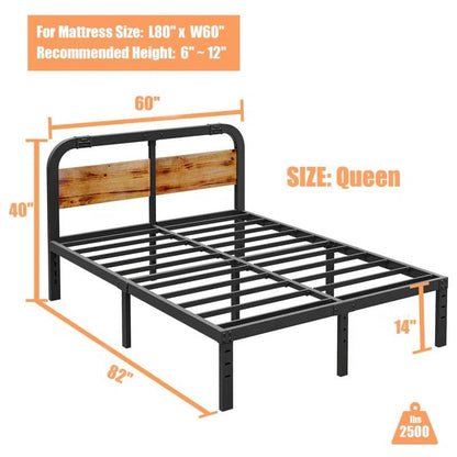 Queen Heavy Duty Black Metal Bed Frame with Solid Wood Panel Headboard - Tampa Home & Garden Store