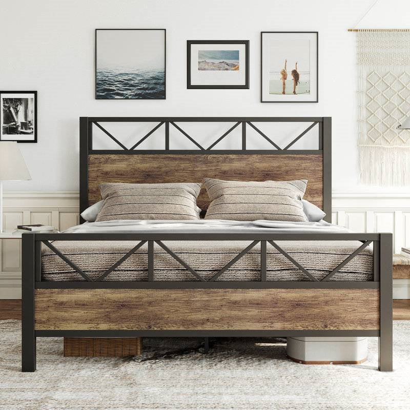 Queen Metal Wood Vintage Industrial Platform Bed Frame with Headboard Footboard - Tampa Home & Garden Store