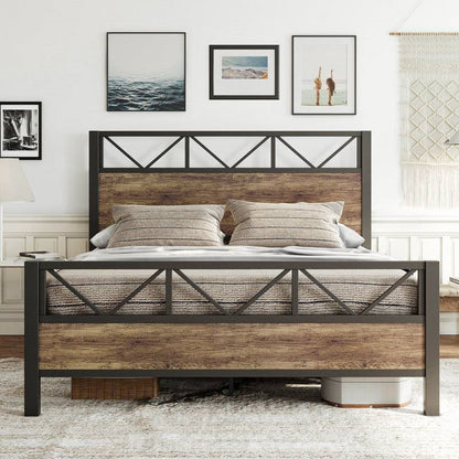 Queen Metal Wood Vintage Industrial Platform Bed Frame with Headboard Footboard - Tampa Home & Garden Store