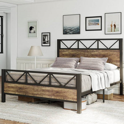 Queen Metal Wood Vintage Industrial Platform Bed Frame with Headboard Footboard - Tampa Home & Garden Store