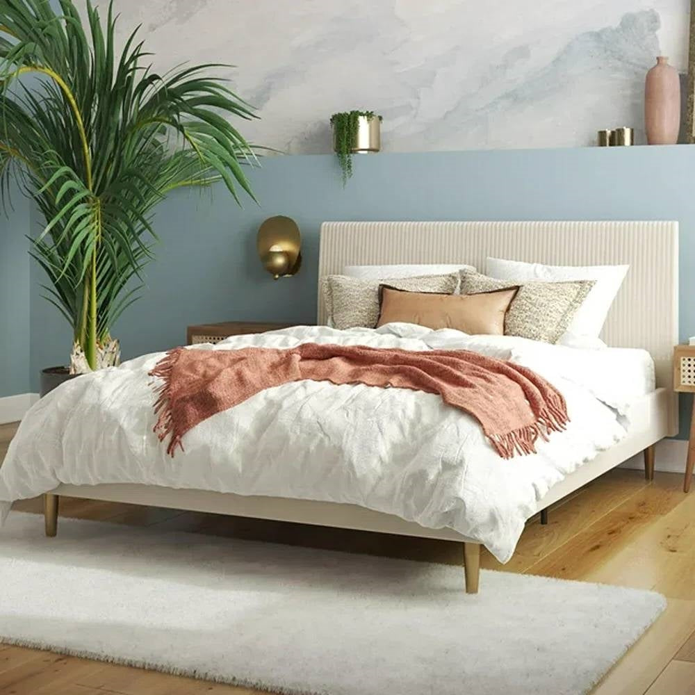 Queen Mid-Century Ivory Cream Velvet Upholstered Platform Bed with Headboard - Tampa Home & Garden Store