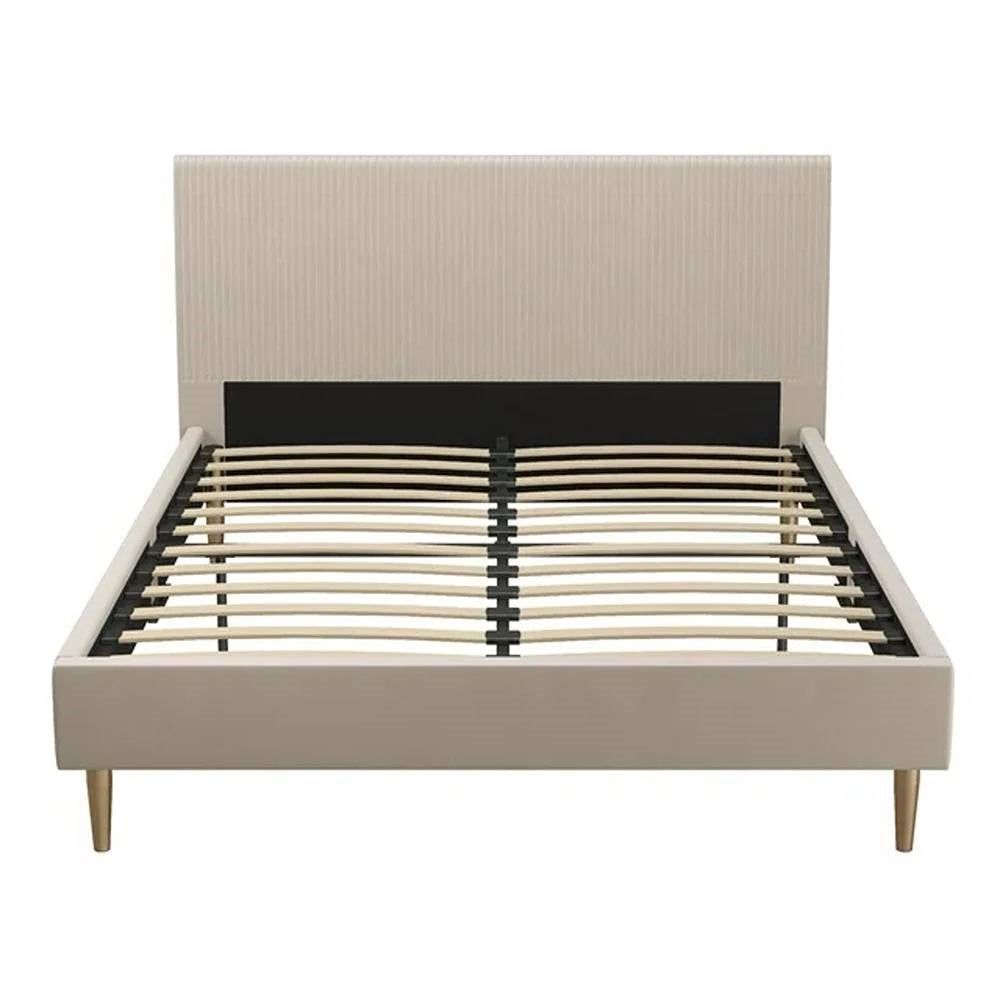 Queen Mid-Century Ivory Cream Velvet Upholstered Platform Bed with Headboard - Tampa Home & Garden Store