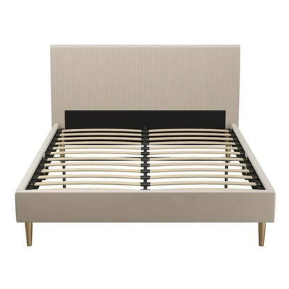 Queen Mid-Century Ivory Cream Velvet Upholstered Platform Bed with Headboard - Tampa Home & Garden Store