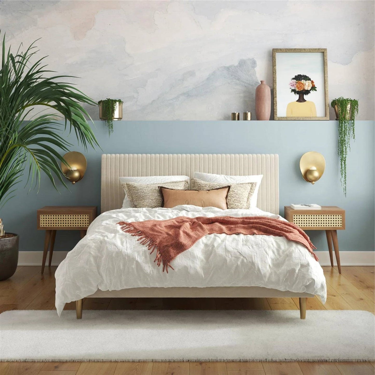 Queen Mid-Century Ivory Cream Velvet Upholstered Platform Bed with Headboard - Tampa Home & Garden Store