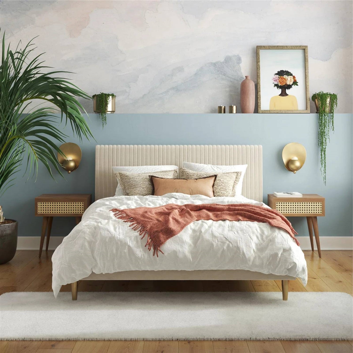 Queen Mid-Century Ivory Cream Velvet Upholstered Platform Bed with Headboard - Tampa Home & Garden Store