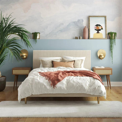 Queen Mid-Century Ivory Cream Velvet Upholstered Platform Bed with Headboard - Tampa Home & Garden Store