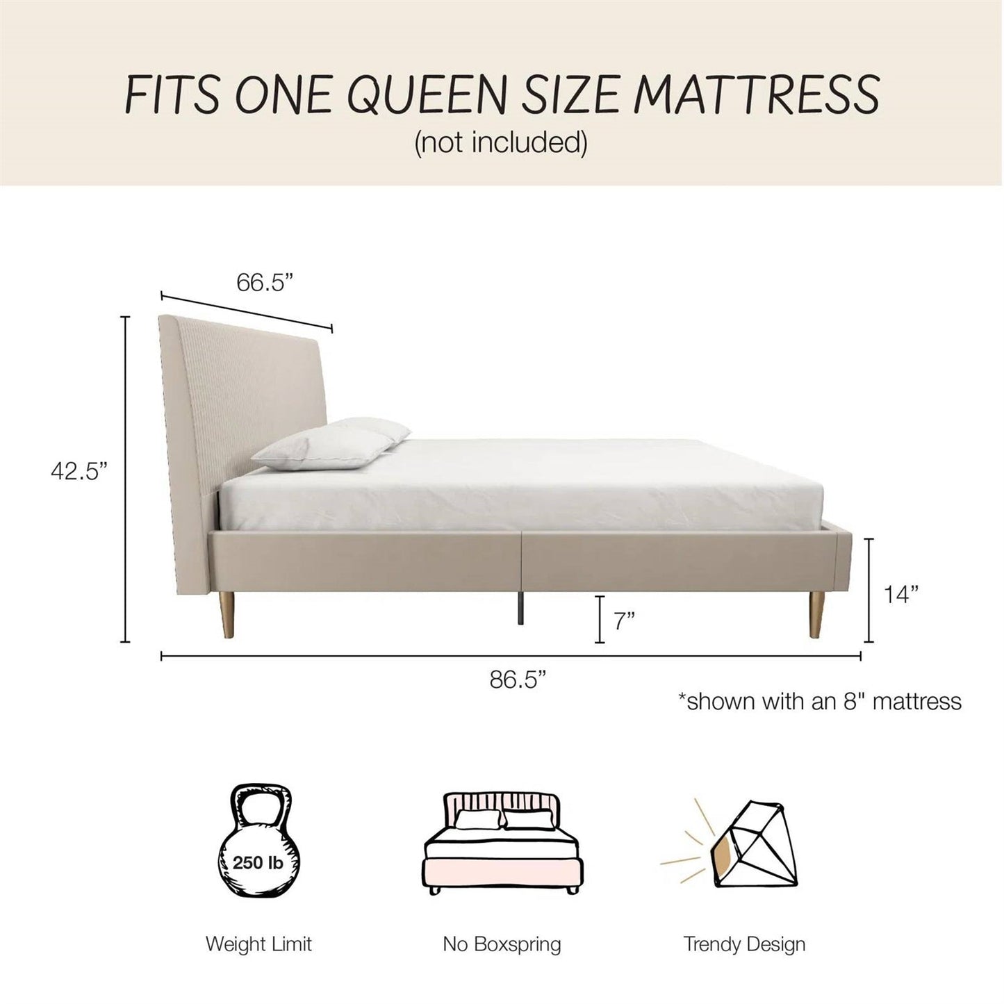 Queen Mid-Century Ivory Cream Velvet Upholstered Platform Bed with Headboard - Tampa Home & Garden Store