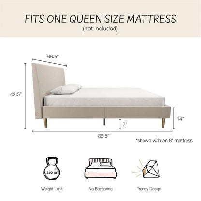 Queen Mid-Century Ivory Cream Velvet Upholstered Platform Bed with Headboard - Tampa Home & Garden Store