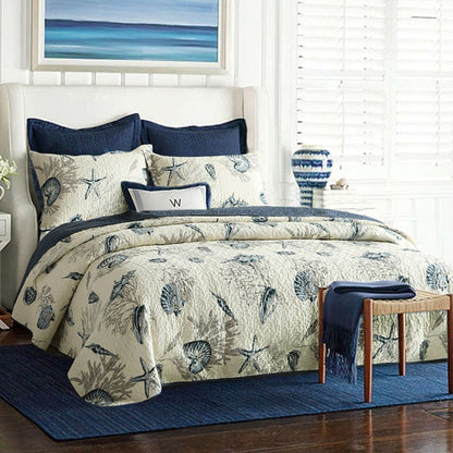 Queen size 100-Percent Cotton 3-Piece Bedspread Quilt Set Ocean Beach Sea Shells Marine Starfish - Tampa Home & Garden Store