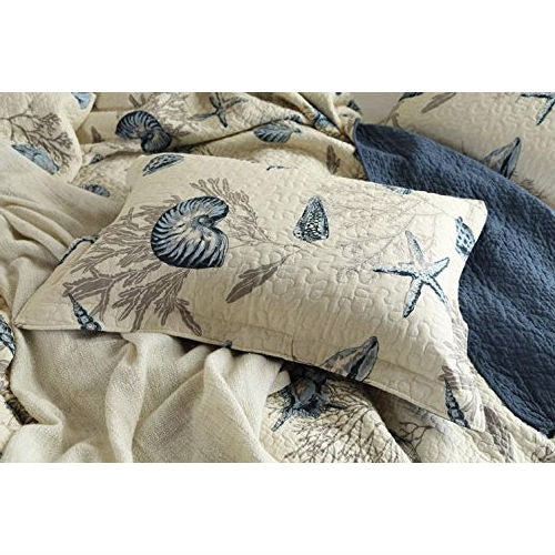 Queen size 100-Percent Cotton 3-Piece Bedspread Quilt Set Ocean Beach Sea Shells Marine Starfish - Tampa Home & Garden Store