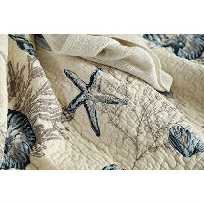 Queen size 100-Percent Cotton 3-Piece Bedspread Quilt Set Ocean Beach Sea Shells Marine Starfish - Tampa Home & Garden Store