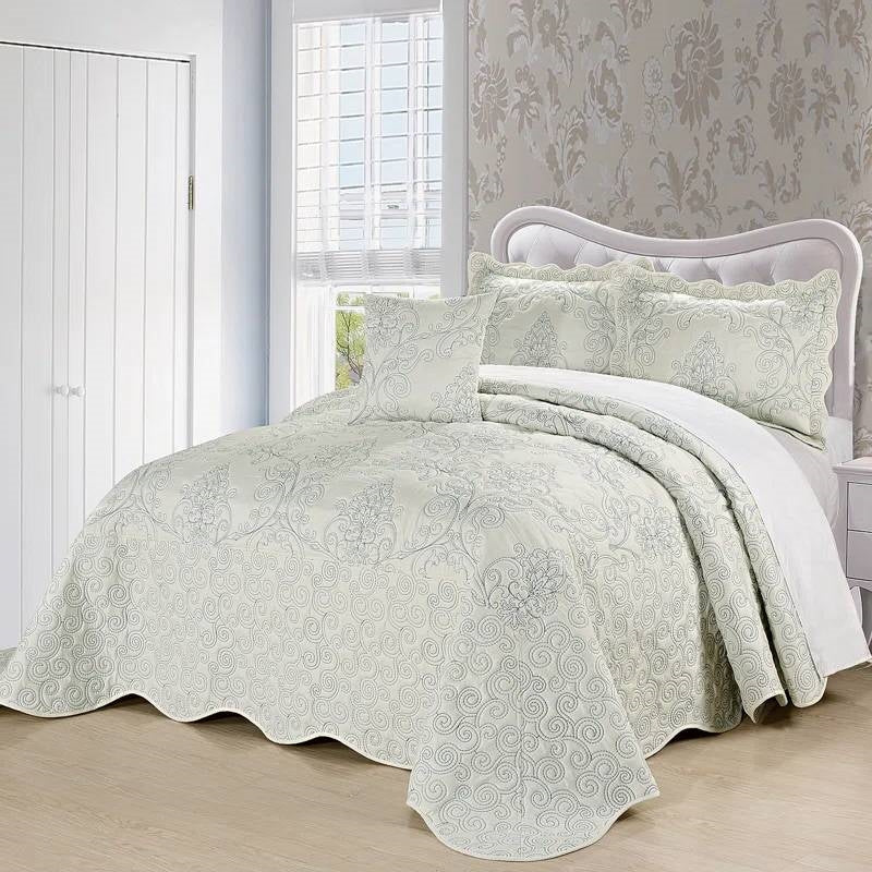 Queen size Antique White Damask Embroidered 4 Piece Oversized Bedspread Set - Tampa Home & Garden Store