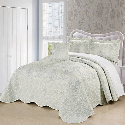 Queen size Antique White Damask Embroidered 4 Piece Oversized Bedspread Set - Tampa Home & Garden Store