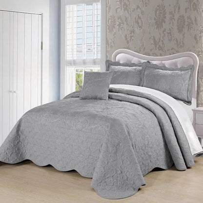 Queen size Ash Grey Damask Embroidered 4 Piece Oversized Bedspread Set - Tampa Home & Garden Store