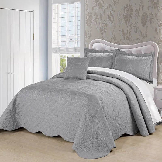 Queen size Ash Grey Damask Embroidered 4 Piece Oversized Bedspread Set - Tampa Home & Garden Store