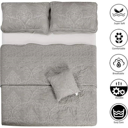 Queen size Ash Grey Damask Embroidered 4 Piece Oversized Bedspread Set - Tampa Home & Garden Store