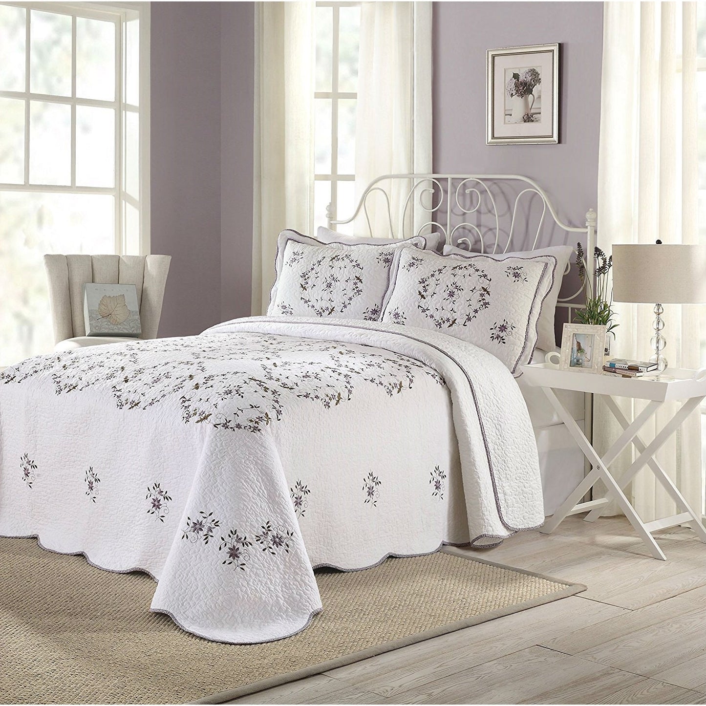 Queen size Cotton Bedspread with Scalloped Edges and Floral Print Embroidery in White - Tampa Home & Garden Store