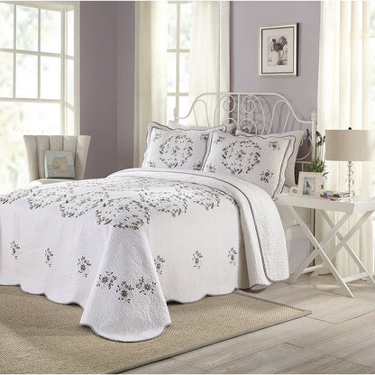 Queen size Cotton Bedspread with Scalloped Edges and Floral Print Embroidery in White - Tampa Home & Garden Store