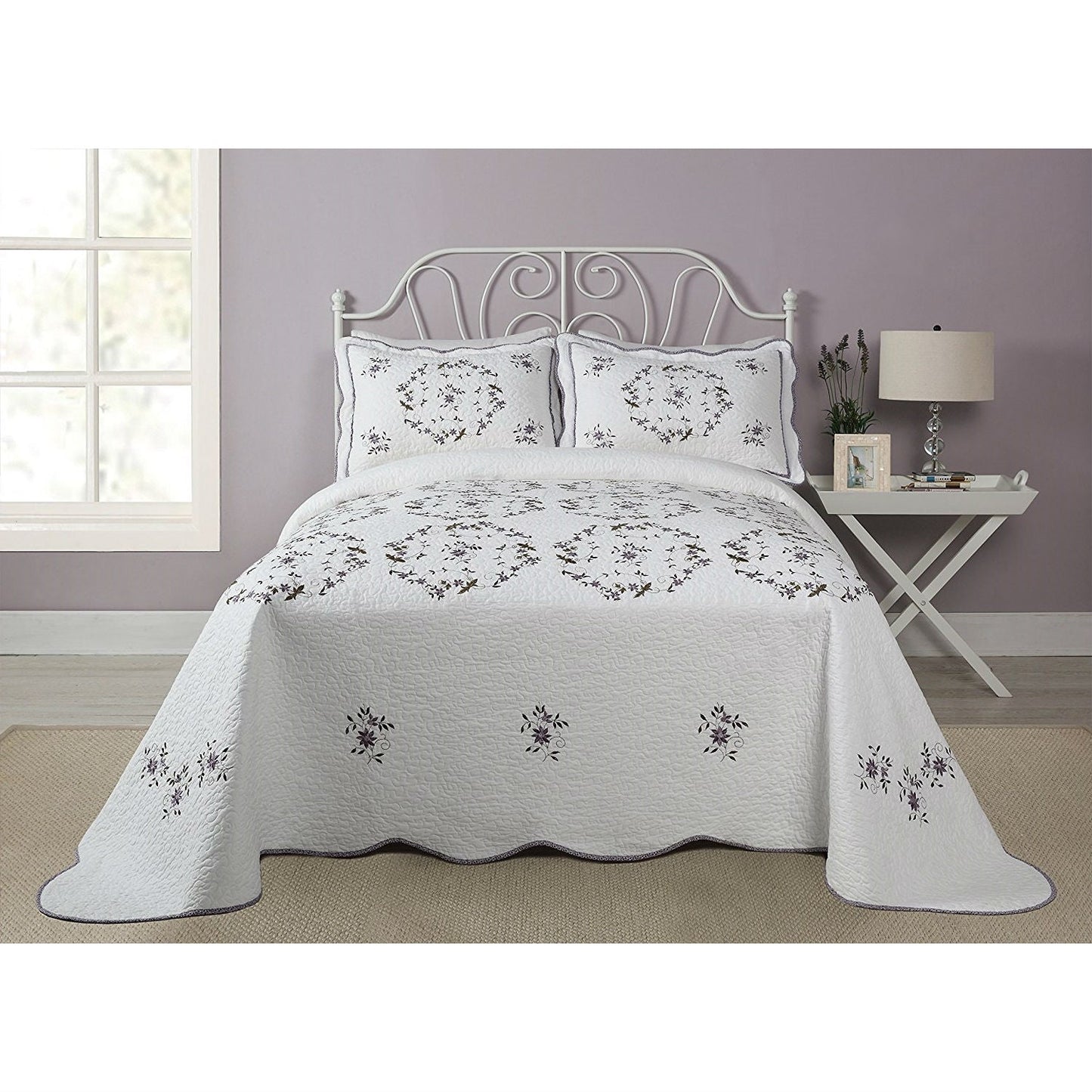 Queen size Cotton Bedspread with Scalloped Edges and Floral Print Embroidery in White - Tampa Home & Garden Store