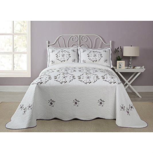 Queen size Cotton Bedspread with Scalloped Edges and Floral Print Embroidery in White - Tampa Home & Garden Store