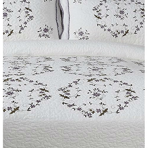 Queen size Cotton Bedspread with Scalloped Edges and Floral Print Embroidery in White - Tampa Home & Garden Store