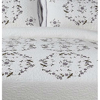Queen size Cotton Bedspread with Scalloped Edges and Floral Print Embroidery in White - Tampa Home & Garden Store