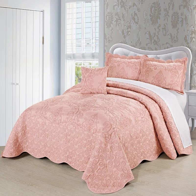 Queen size Dusty Pink Damask Embroidered 4 Piece Oversized Bedspread Set - Tampa Home & Garden Store