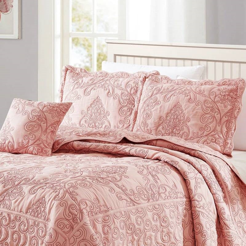 Queen size Dusty Pink Damask Embroidered 4 Piece Oversized Bedspread Set - Tampa Home & Garden Store