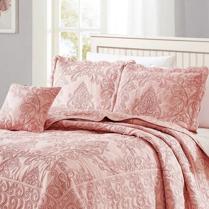 Queen size Dusty Pink Damask Embroidered 4 Piece Oversized Bedspread Set - Tampa Home & Garden Store
