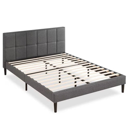 Queen size Grey Upholstered Platform Bed Frame with Padded Headboard - Tampa Home & Garden Store